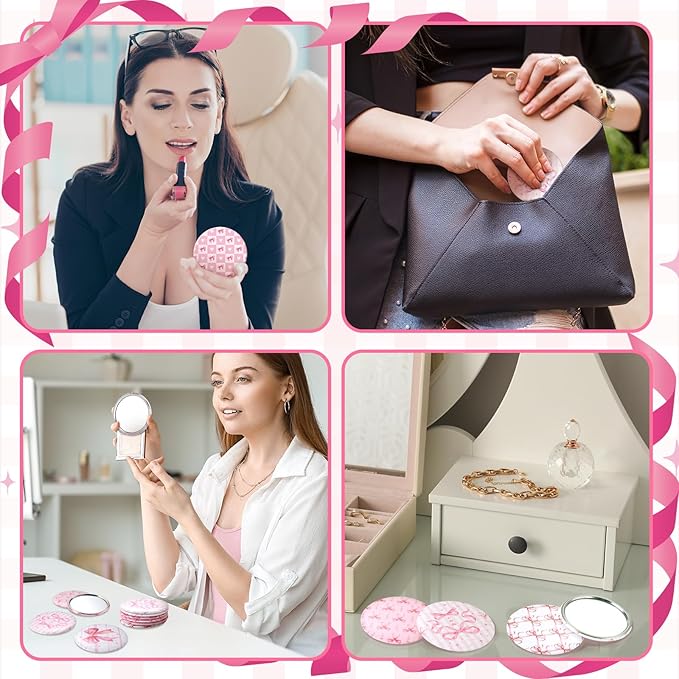 Geelin 24 Pcs Pink Compact Mirror Bulk Coquette Portable Aesthetic Mini Mirror Bulk Pink Bow Party Favors for Purse Pocket Travel Present Women Birthday Gift Wedding Bridal Shower Grad Mom