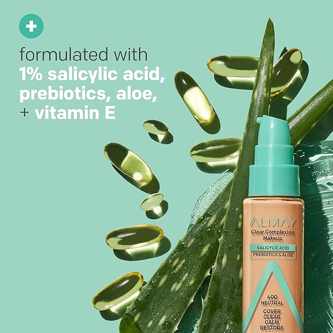 Almay Clear Complexion Acne Foundation Makeup with Salicylic Acid, Medium Coverage, Soft Matte Finish, Hypoallergenic, Cruelty- & Fragrance-Free, Dermatologist Tested, 705 Toast, 1 fl oz