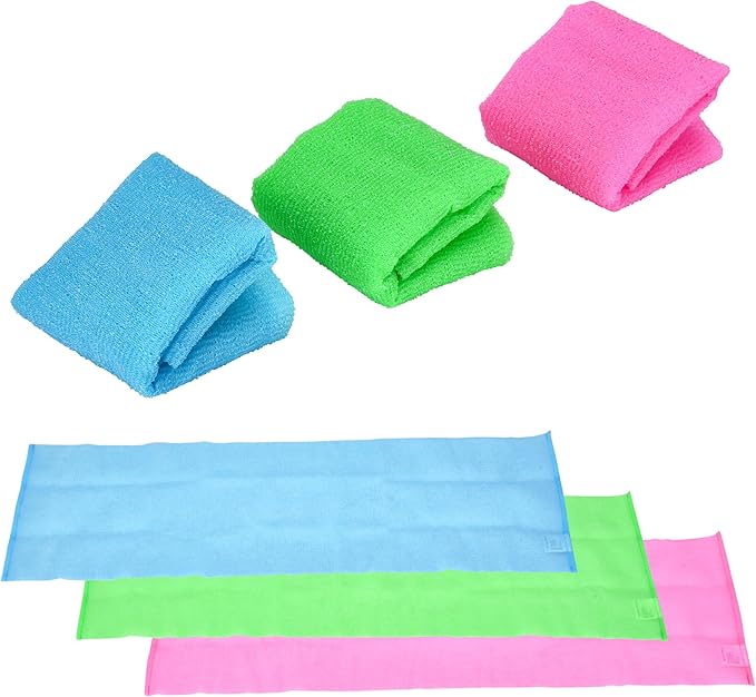 TranquilBeauty Exfoliating Towel Set of 3 - Soft, Quick-Dry Scrub Towels for Body (Not for Face) | Deep Cleanse | Machine Washable | Korean Exfoliating Cloth | 36x12 Inches - Green, Blue, Pink