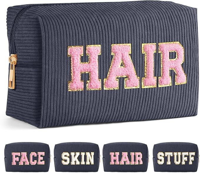 MAGEFY Small Makeup Bag for Purse Portable Makeup Pouch with Compartments Corduroy Make up Bag for Women Travel Cosmetic Essential (Dark Gray, HAIR)