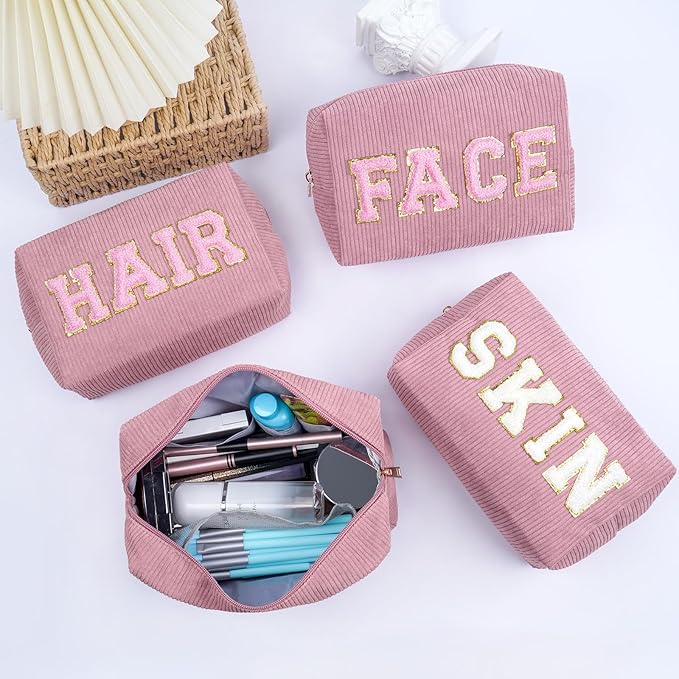 MAGEFY Corduroy Makeup Bag Small Makeup Bag for Purse with Compartments Cute Makeup Pouch Cosmetic Bag for Women Friends Preppy Gifts (Pink, HAIR)
