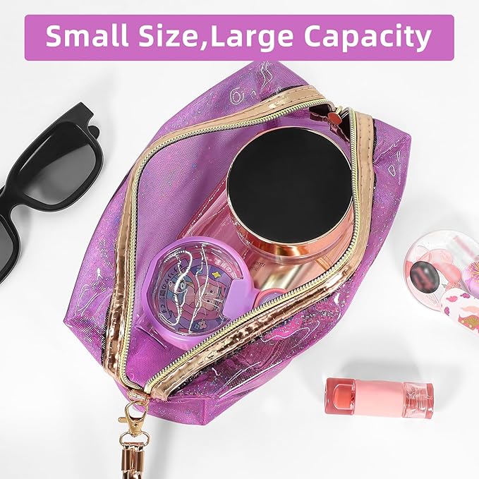 Clear Colorful Makeup Bag, Thick PVC Small Clear Toiletry Bag for Travel, Waterproof Cosmetic Bag with Durable Zipper & Detachable Strap, Cute Transparent Pouch Organizer for Women, 7.1×4×3 In Purple