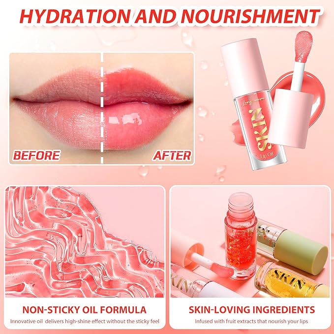 2Pack Non-sticky Lip Oil, Moisturizing Glossy/Shiny Lip Gloss Oil PlumpingTint, Hydrating Lip Gloss Lip Balm, Long Lasting Nourishing Fruit Flavoure Lip Oils(Strawberry + Coconut)