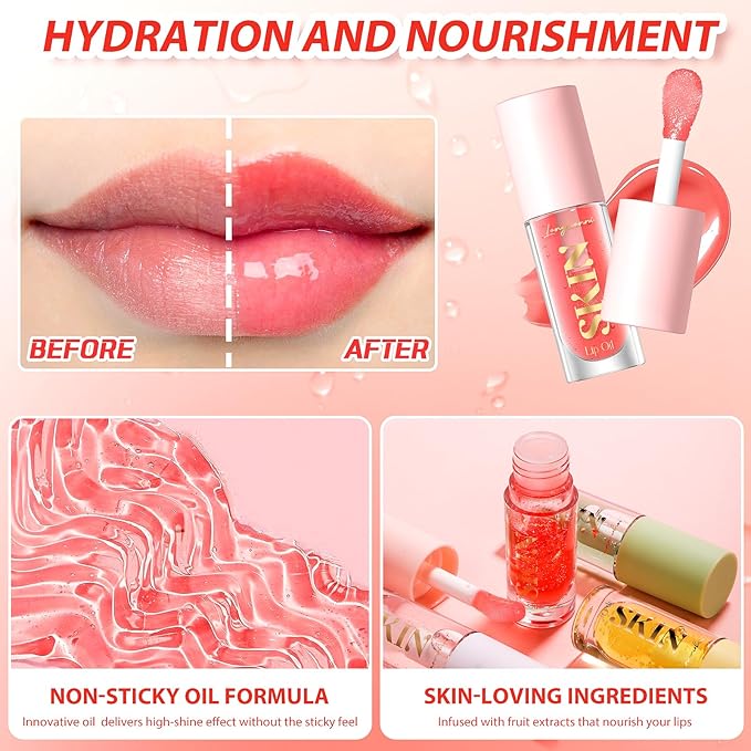 2Pack Big Brush Head Hydrating Lip Glow Oil Plumping Lip Tint, Hydrating Lip Gloss Tinted Lip Balm Transparent Lip Care, Long Lasting Nourishing Non-sticky Fresh Texture (Strawberry + Raspberry)