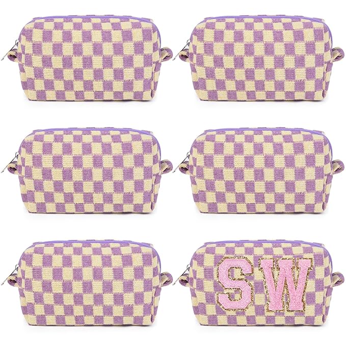 6 Pcs Preppy Makeup Bag Bulk Checkered Cosmetic Bag Purple Makeup Pouch Personalize Travel Toiletry Bag Organizer Cute DIY Makeup Brushes Storage Bag for Women