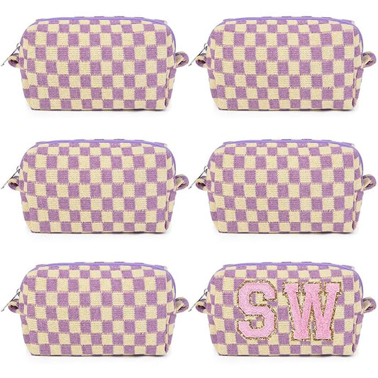 6 Pcs Preppy Makeup Bag Bulk Checkered Cosmetic Bag Purple Makeup Pouch Personalize Travel Toiletry Bag Organizer Cute DIY Makeup Brushes Storage Bag for Women