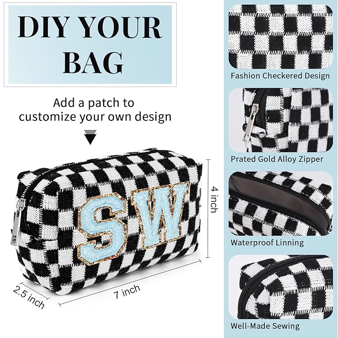 6 Pcs Preppy Makeup Bag Bulk Checkered Cosmetic Bag Black Makeup Pouch Personalize Travel Toiletry Bag Organizer Cute DIY Makeup Brushes Storage Bag for Women