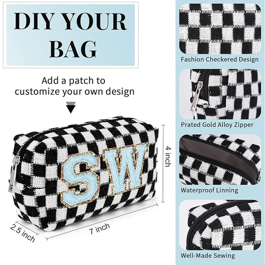 6 Pcs Preppy Makeup Bag Bulk Checkered Cosmetic Bag Black Makeup Pouch Personalize Travel Toiletry Bag Organizer Cute DIY Makeup Brushes Storage Bag for Women