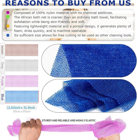 4 Pieces African Net Sponge – Deep Exfoliating Mesh Bath Scrubber for Silky Smooth Skin, Quick Drying & Long-Lasting, Great for Full Body & Back Scrubbing（Brown, Blue, Purple,Grey