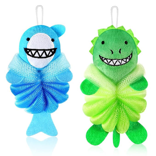 Nuenen 2 Pcs Bath Loofahs Kids Toddler Cute Cartoon Bath Sponges Loofah Pouf Body Scrubber Mesh Sponges for Children Shower Washing Exfoliating