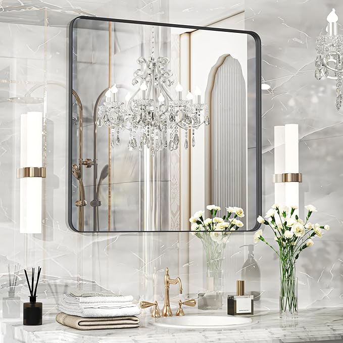 Black Framed Mirror for Bathroom 30 x 30 Inch Rounded Rectangle Bathroom Mirror, Matte Black Vanity Mirror for Over Sink, Tempered Glass Farmhouse Mirror Seamless Metal Frame(Horizontal/Vertical)