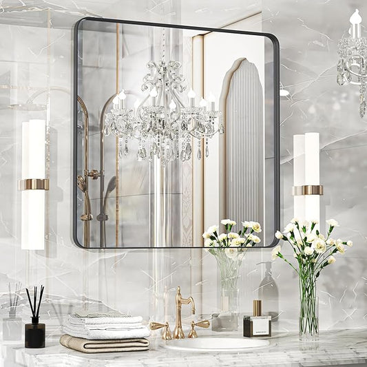 Black Framed Mirror for Bathroom 30 x 30 Inch Rounded Rectangle Bathroom Mirror, Matte Black Vanity Mirror for Over Sink, Tempered Glass Farmhouse Mirror Seamless Metal Frame(Horizontal/Vertical)