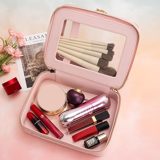 Aveniee Large Clear Makeup Bags, Double Layer Cosmetic Bags with Separate Brush Compartment, Travel Toiletry Bag Cosmetic Train Case, Travel Accessories Organizer for Women(2 Layers, Pink)