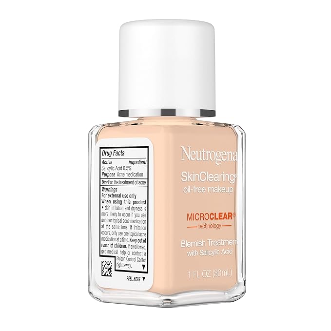 Neutrogena SkinClearing Oil-Free Acne and Blemish Fighting Liquid Foundation with.5% Salicylic Acid Acne Medicine, Shine Controlling Makeup for Acne Prone Skin, 40 Nude, 1 fl. oz