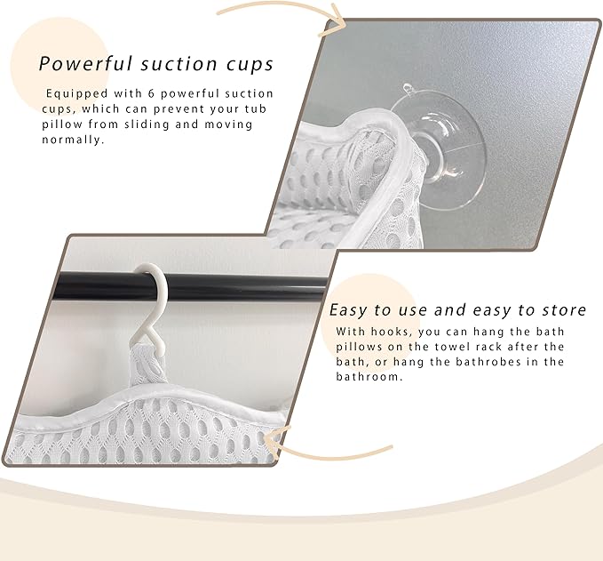Bath Pillow, Ergonomic Luxury Bathtub Pillow for Tub Head,Neck, Shoulder and Back Support, Headrest with Soft 4D Mesh Fabric and 6 Strong Non-Slip Suction Cups, 2 Pack (White)