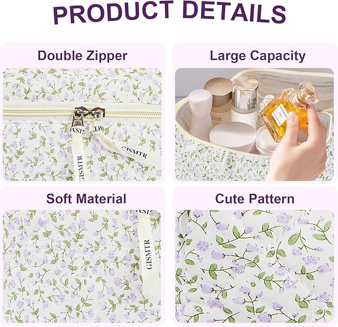 4Pcs Quilted Makeup Bag Set Cute Floral Cosmetic Bag Cotton Coquette Make up Bag Aesthetic Travel Toiletry Bag for Women Girls