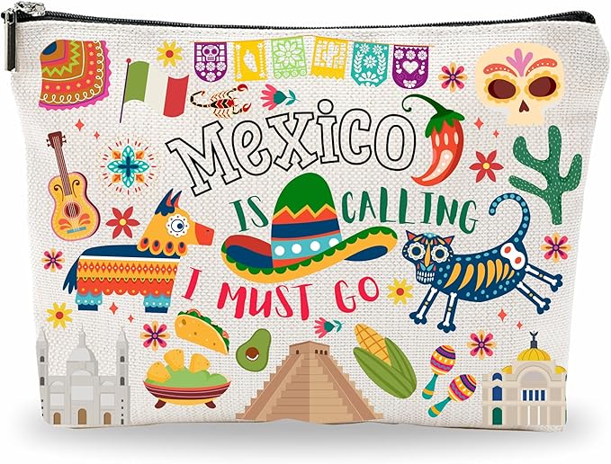 Mexico Souvenirs Cosmetic Bags For Women，Mexico Is Calling I Must Go, Makeup Organizer Bag, Toiletry Pouch, Small Travel Storage Bag, Mexico Themed Gifts, Women Essentials - D07