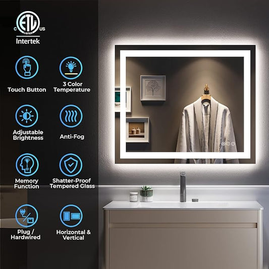 36x30 Inch LED Bathroom Mirror with Lights Front and Backlit Lighted Vanity Mirror for Bathroom Wall with 3 Colors Dimmable Anti-Fog Memory Shatter-Proof IP54 Waterproof Horizontal/Vertical