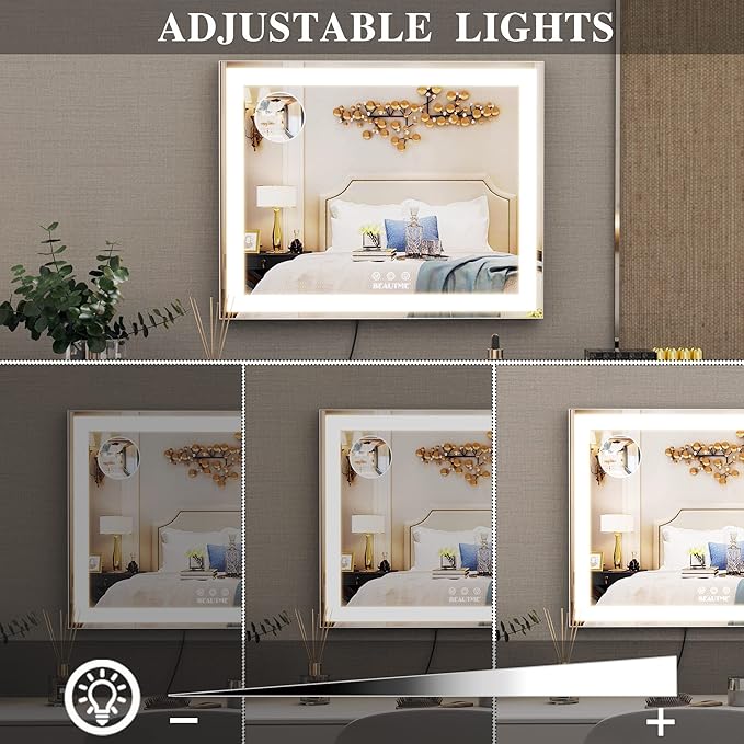 BEAUTME Vanity Mirror with Lights,Hollywood Lighted Makeup Cosmetic Mirrors with Smart Button,Tabletop Makeup Mirrors,with10X Round Mirror,48.5x40.5cm,Silver