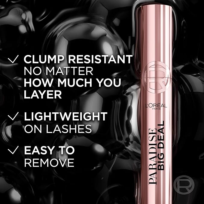 L'Oreal Paris Paradise Big Deal Mascara, Volumizing and Lengthening Formula, Buildable, Clump Resistant, Washable Blackest Black Mascara, 0.33 Fl Oz