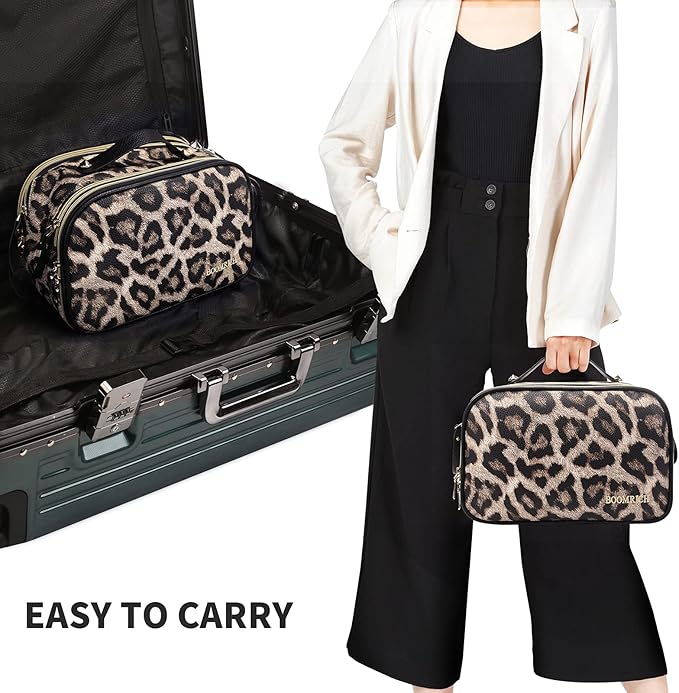 BOOMRICH Large Travel Makeup Bag, Cosmetic Bag, Toiletry Bag for Women, Water-Resistant Leather Toiletry Organizer, Dopp Kit for Toiletries Accessories, Leopard