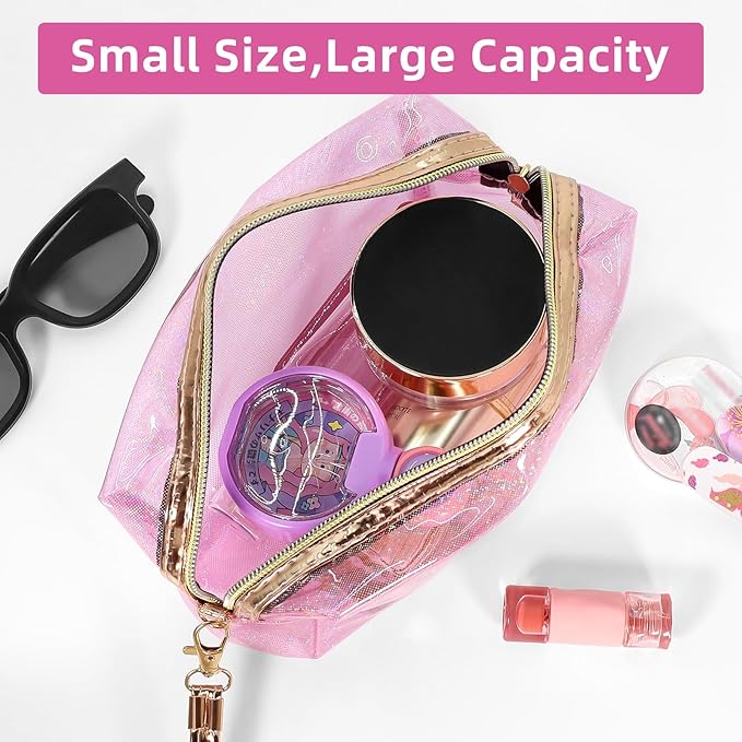 Clear Colorful Makeup Bag, Thick PVC Small Clear Toiletry Bag for Travel, Waterproof Cosmetic Bag with Durable Zipper & Detachable Strap, Cute Transparent Pouch Organizer for Women, 7.1×4×3 In Pink