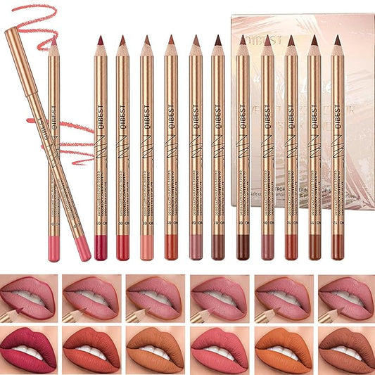 12 Colors Lip Liner Set, Brown Pink Red Series Lip Liners, Plump Nude Lip Shape No Smudge Longwear Smooth Lip Pen Waterproof Lipstick High Pigmented Natural Lip Makeup Pencil