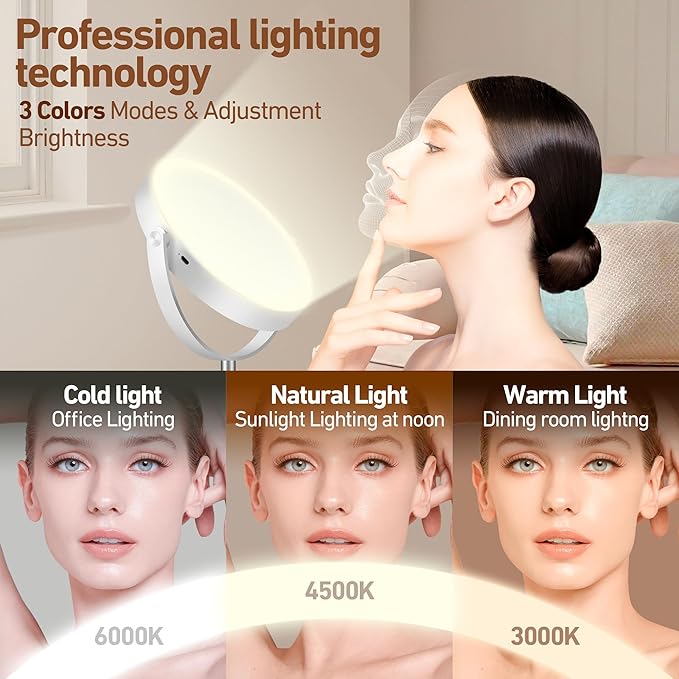 Magnifying Mirror with Light 20X, Height-Adjustable Lighted Makeup Mirror with Magnification, Double - Sided Aluminum Alloy LED Mirror, 3 Lighting Modes Ideal for Desk Bathroom Makeup, Silver