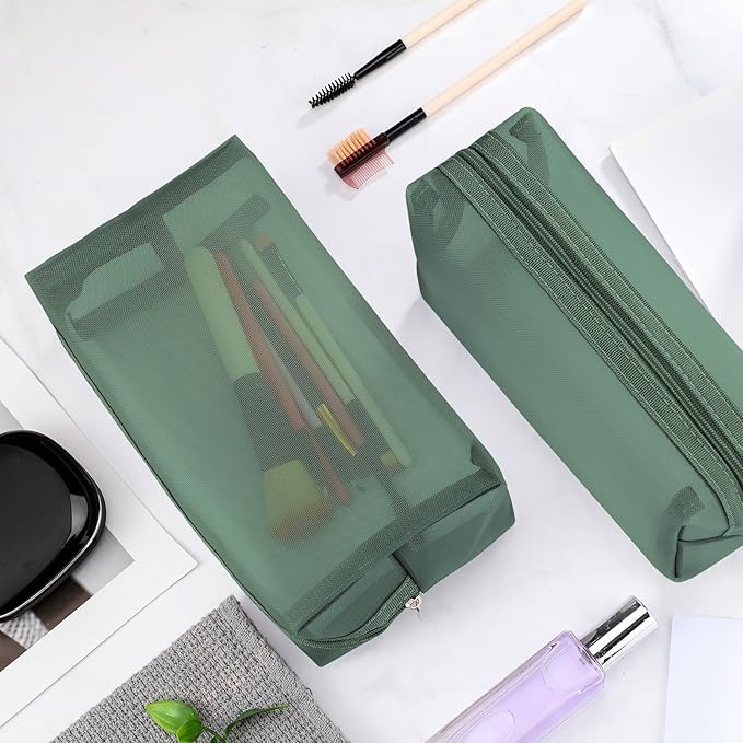 6 Pieces Mesh Makeup Bags Mesh Cosmetic Bag Portable Travel Organizing Zipper Pouch Toiletries Makeup Pouches for Home Office Travel Accessories (Green)