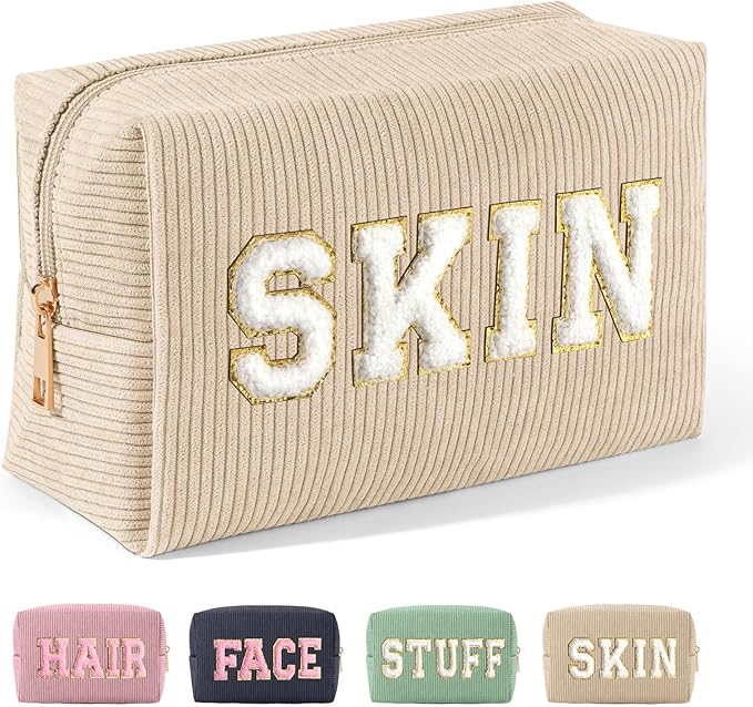 MAGEFY Corduroy Makeup Bag Small Makeup Bag for Purse with Compartments Cute Makeup Pouch Cosmetic Bag for Women Friends Preppy Gifts (Beige, SKIN)