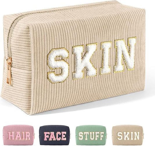 MAGEFY Corduroy Makeup Bag Small Makeup Bag for Purse with Compartments Cute Makeup Pouch Cosmetic Bag for Women Friends Preppy Gifts (Beige, SKIN)