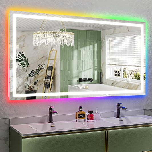68x38 Inch RGB LED Bathroom Mirror Front Light and RGB Backlit Lighted Vanity Mirror for Bathroom Wall Mounted Dimmable Anti Fog Memory Shatter-Proof IP54 Waterproof Horizontal/Vertical
