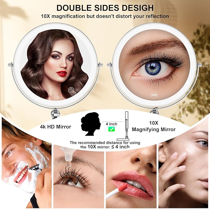 Makeup Mirror with Lights[Brightness Enhanced Version], Real 2000mah Rechargeable Double Sided 10x Magnifying Mirror with 3 Colors Table Vanity Mirror with Adjustable Height and Stand,Chrome
