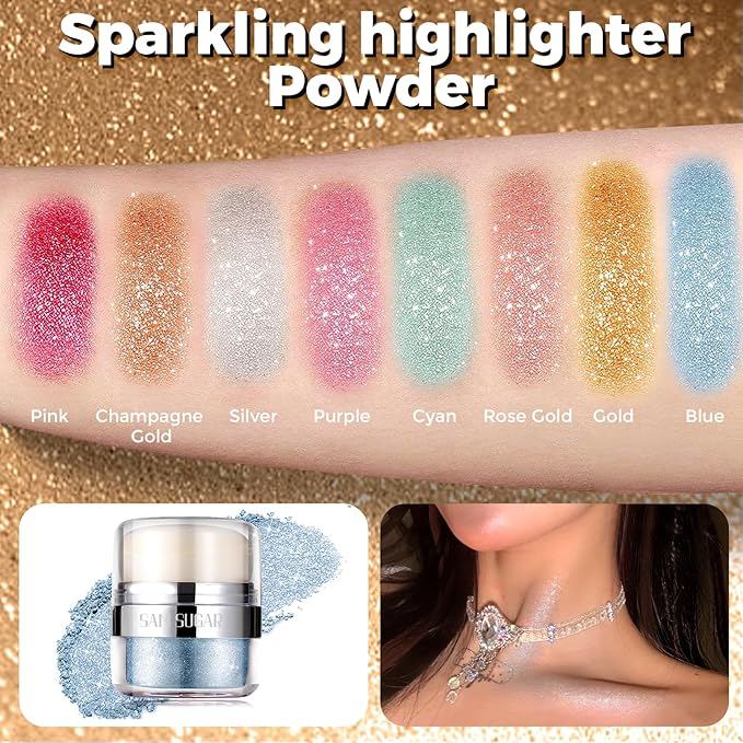 Body Shimmer Powder, Glitter Highlighter for Face, Liquid Highlighter Blush Body Glow Shimmer Powder Fairy Brightening Makeup Stick for Eyes, Hair (Blue, 1.13 Oz)