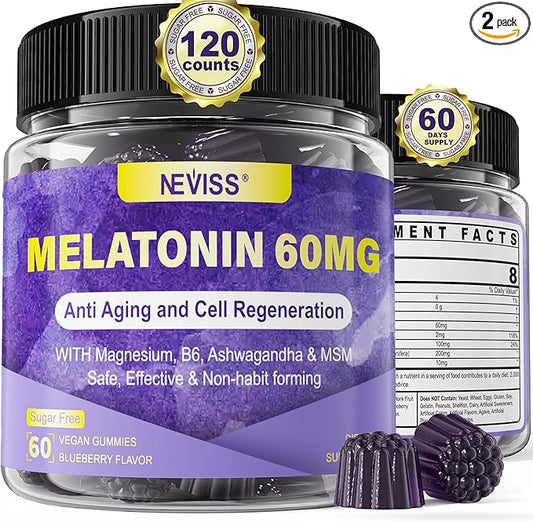 Antioxidant & Brain Support Melatonin 60mg 30mg for 50+ Adults | High Dose Melatonin for Anti-Aging & Immune | Extra Strength Melatonin Gummies with B6, Ashwagandha, Magnesium, MSM - 120 Gummies