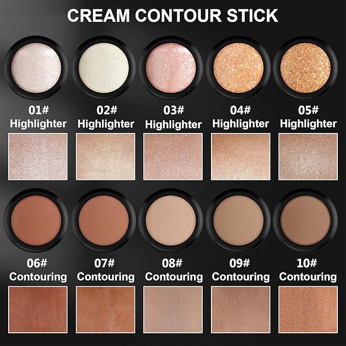 2Pcs Cream Contour and Highlighter Kit, Longwear Waterproof Formula for Brightening and Trimming Cheeks, Makeup Brush Included (#02, 08)