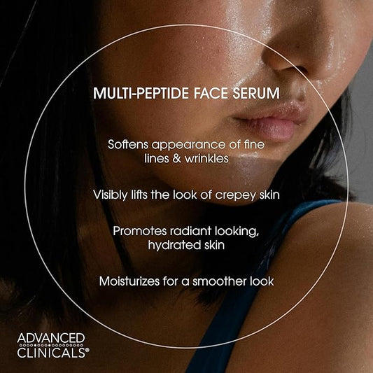 Advanced Clinicals Multi Peptides Serum For Face | Visible Anti Aging Hydrating Collagen Peptide Facial Serum With Vitamin E Helps Improve Look Of Wrinkles, Puffiness, & Uneven Skin Tone, 1.75 Fl Oz