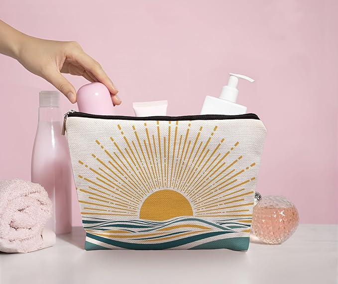 Boho Cosmetic Bag - Sunshine Ray Abstract Boho Sunrise Ocean Landscape Makeup Bag Gifts For Women & Teen Girls