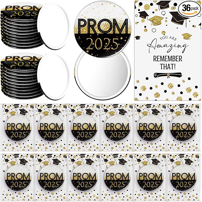 36 Sets Prom 2025 Graduation Party Favor Prom Compact Mirror for Her Him Inspirational 2025 Graduation Cards for Senior Night College Party Gifts(Black Gold)