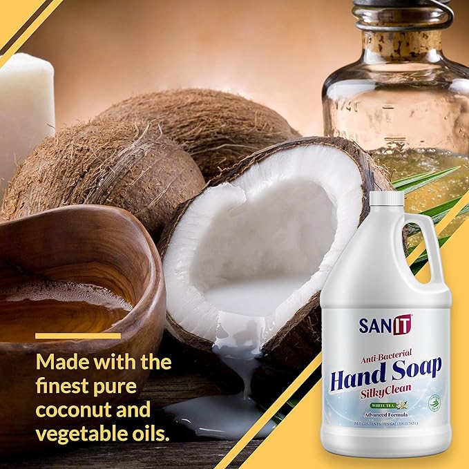 Sanit Silky Clean Antibacterial Liquid Gel Hand Soap Refill - Advanced Formula with Coconut Oil and Aloe Vera - All Natural Moisturizing Hand Wash - Made in USA, White Tea, 1 Gallon