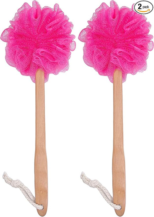 Shower Loofah Body & Back Scrubber - Exfoliating Loofah luffa Bath Brush On a Stick - with Long Wooden Handle Back Brush for Men & Women - Easy Reach Body Wash & Lotion Applicator（ 2 Pack- Red）