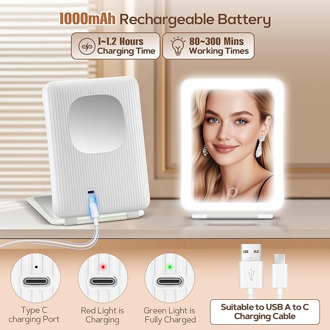 2 in 1 64 LED Travel Magnifying Mirror with Light, Portable 20X/1X Lighted Makeup Mirror with Rechargeable 1000mAh Battery, 3 Colors Dimmable Lighting Folding Cosmetic Vanity Mirror