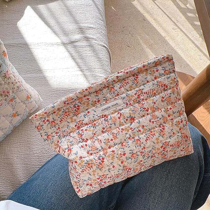 2 Pieces Floral Makeup Bag, Cute Travel Quilted Pouch Cosmetic Bag Organizer, Small Cotton Coquette Aesthetic Purse Toiletry Bag for Women Girls accessories (Red Flower-2PCS)