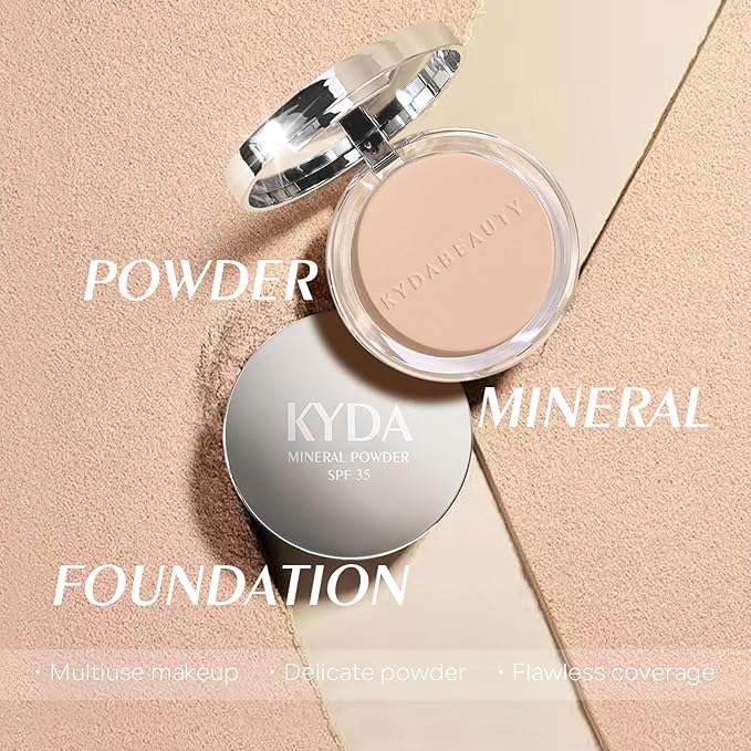 KYDA Mineral Powder, 4-in-1 Pressed Mineral Powder Foundation, SPF 35, Matte Pressed Foundation with Concealer and Setting Makeup, Lightweight Flawless Coverage, PORCELAIN