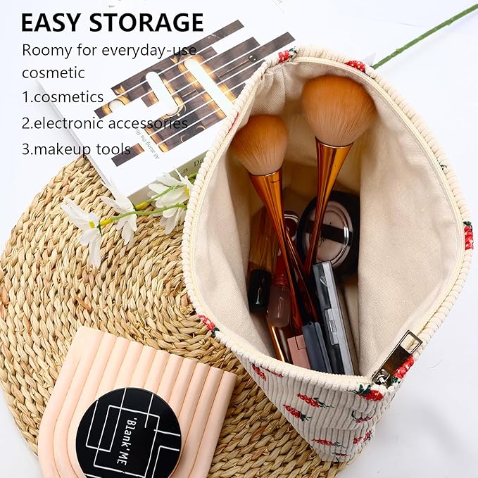 Makeup Bag for Women Large Corduroy Cosmetic Bags Travel Pouch for Purse Zipper Toiletry Bags Organizer Y2K Cute Aesthetic Trendy Makeup Brushes Storage Bag Travel Essential (Beige Strawberry)