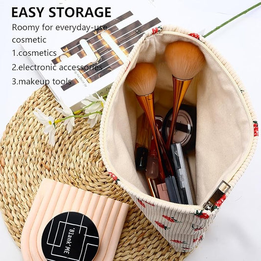 Makeup Bag for Women Large Corduroy Cosmetic Bags Travel Pouch for Purse Zipper Toiletry Bags Organizer Y2K Cute Aesthetic Trendy Makeup Brushes Storage Bag Travel Essential (Beige Strawberry)