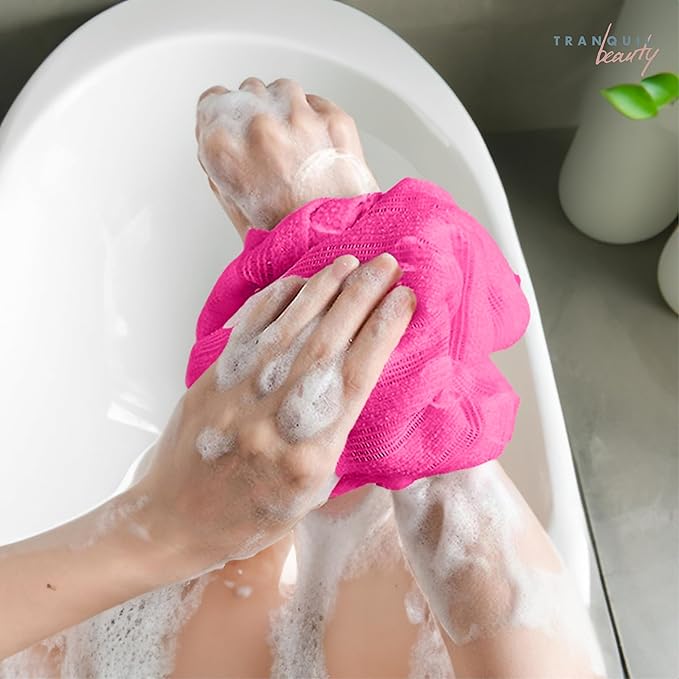 TranquilBeauty Exfoliating Towel Set of 3 - Soft, Quick-Dry Scrub Towels for Body (Not for Face) | Deep Cleanse | Machine Washable | Korean Exfoliating Cloth | 36x12 Inches - Green, Blue, Pink