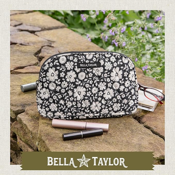 Bella Taylor Large Quilted Cotton Makeup Pouch for Women, Travel Cosmetic Bag, Quilted Cotton Bicolor Floral Black and Cream