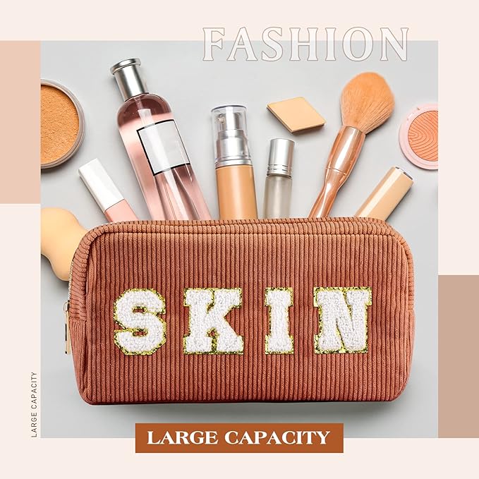 4 Pcs Preppy Patch Makeup Bag Corduroy Cosmetic Bag Makeup Accessories Skincare Pouch Chenille Letter Portable Zipper Face Pouch Cute Toiletry for Women Travel(Pink, Brown Series Color)
