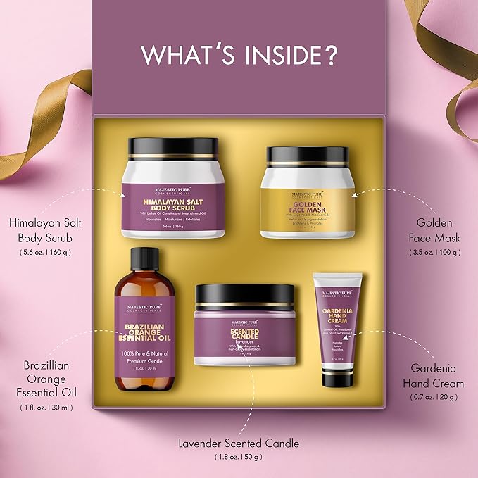 Majestic Pure Mothers Day Gift Set set of 5- (Brazilian Orange oil 1oz, Scented Candle - 50g, Gardenia Hand Cream - 20g, Himalayan Salt Body Scrub - 160g, Gold Face Mask - 100g)